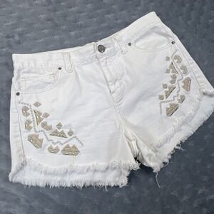Free People Maggie Mid-Rise Denim Shorts Women's Size 29 White Distressed W/ Emb